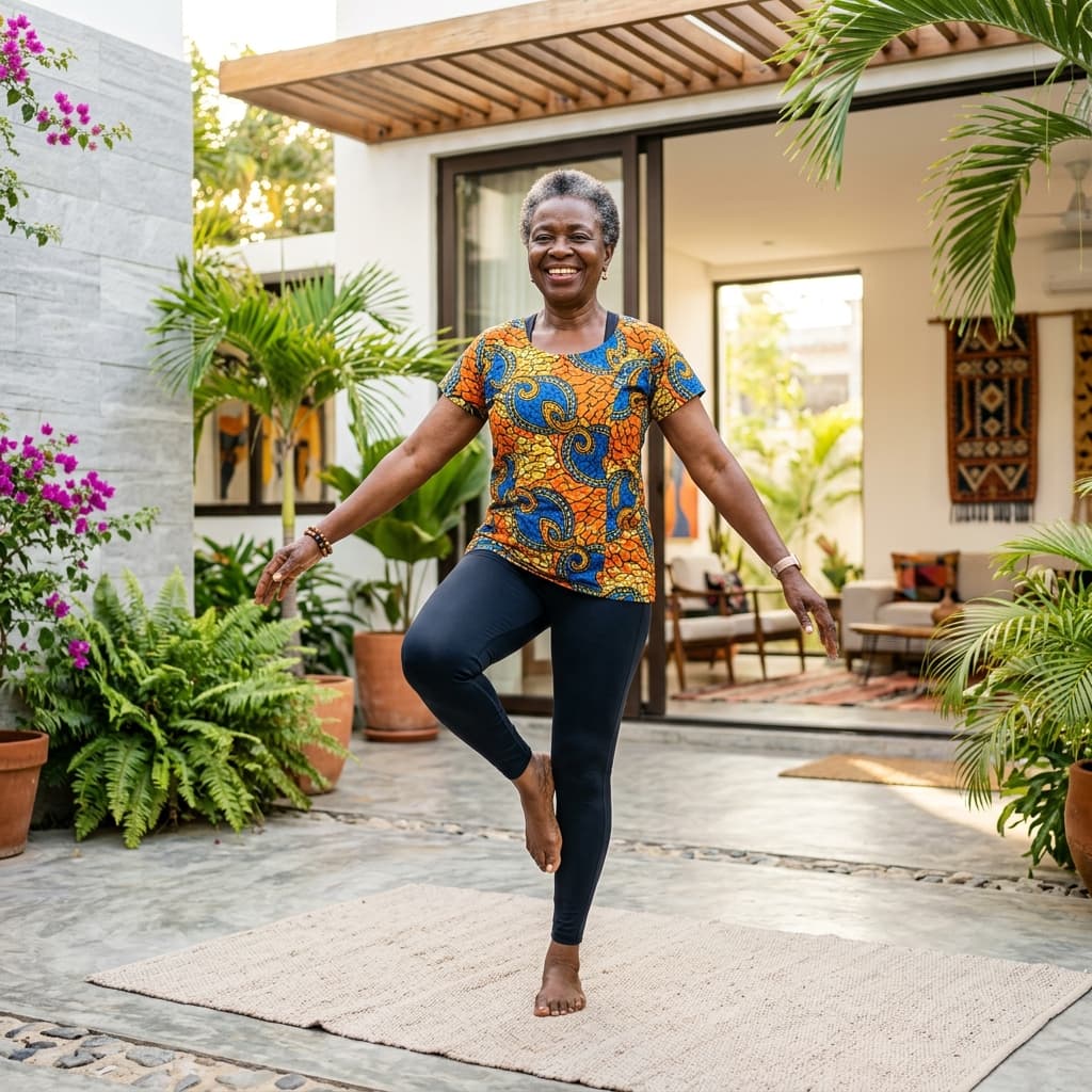 Joyful Black senior woman practicing balance training outdoors