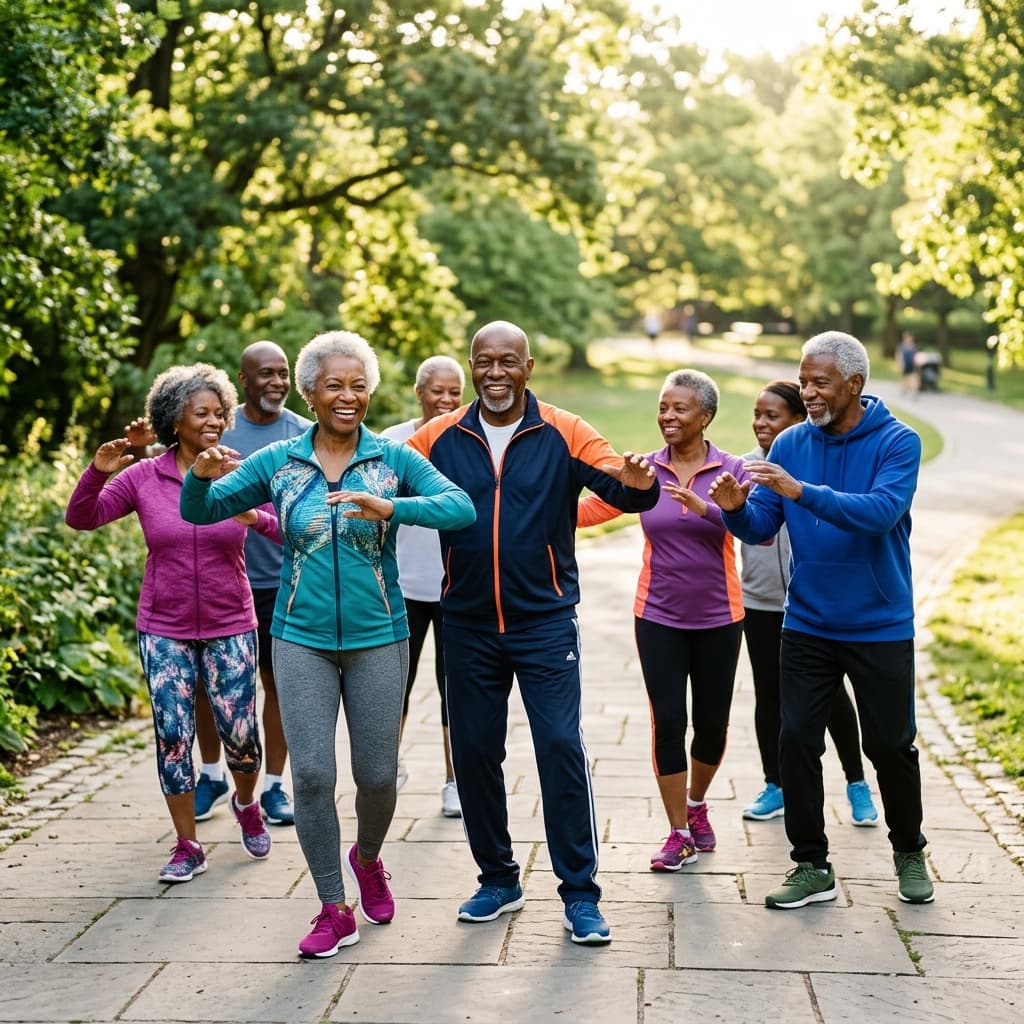 Group of active Black senior citizens practicing rhythmic coordination and flow movements in a sunny park