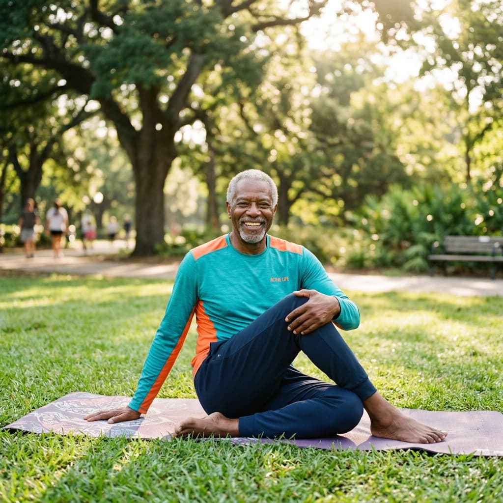 Smiling Black senior man performing a gentle mobility stretch in a park