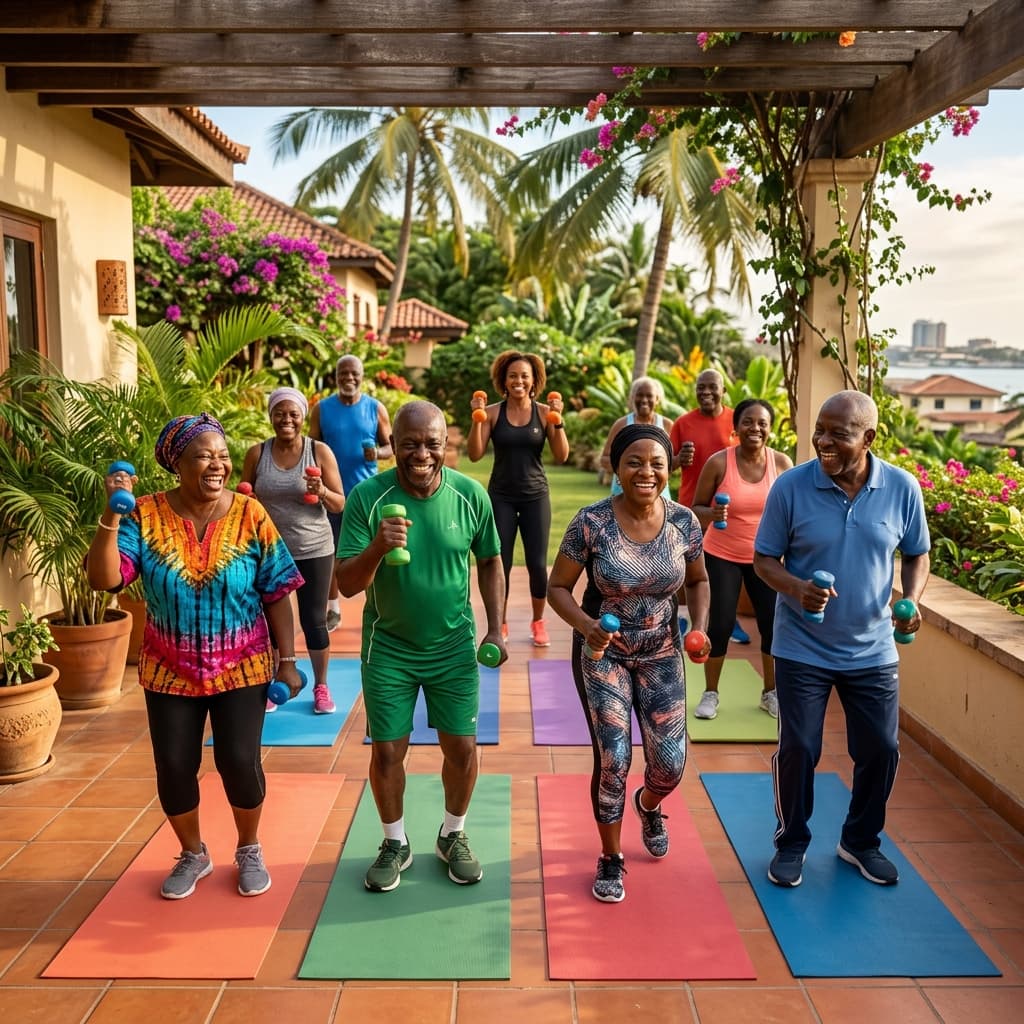 Joyful Black and African senior citizens participating in an outdoor group fitness class
